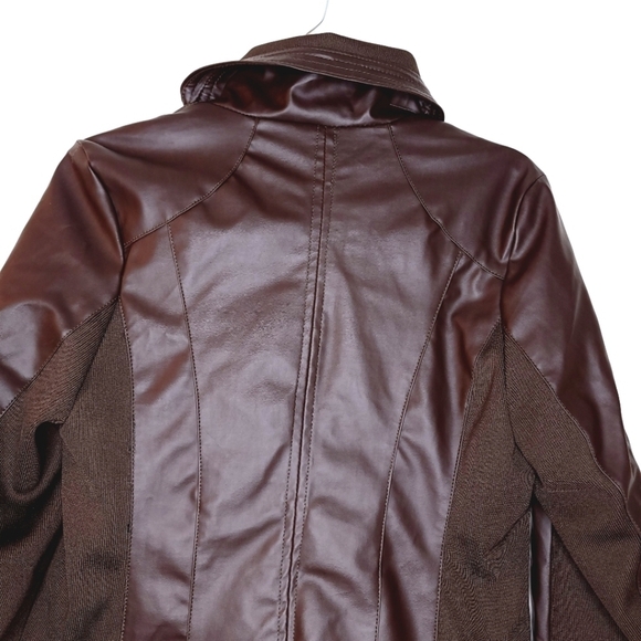 THERAPY women's m faux leather vegan friendly brown asymmetrical zipper jacket - Picture 8 of 12
